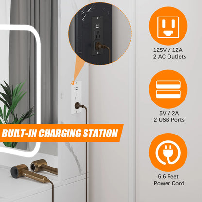 Vanity Desk with Sliding Mirror and Lights, Makeup Vanity Set with 4 Drawers, Stool, Power Outlet, Open Shelves, 3 Color Adjustable Lighting Modes, Makeup Dressing Table for Bedroom, White