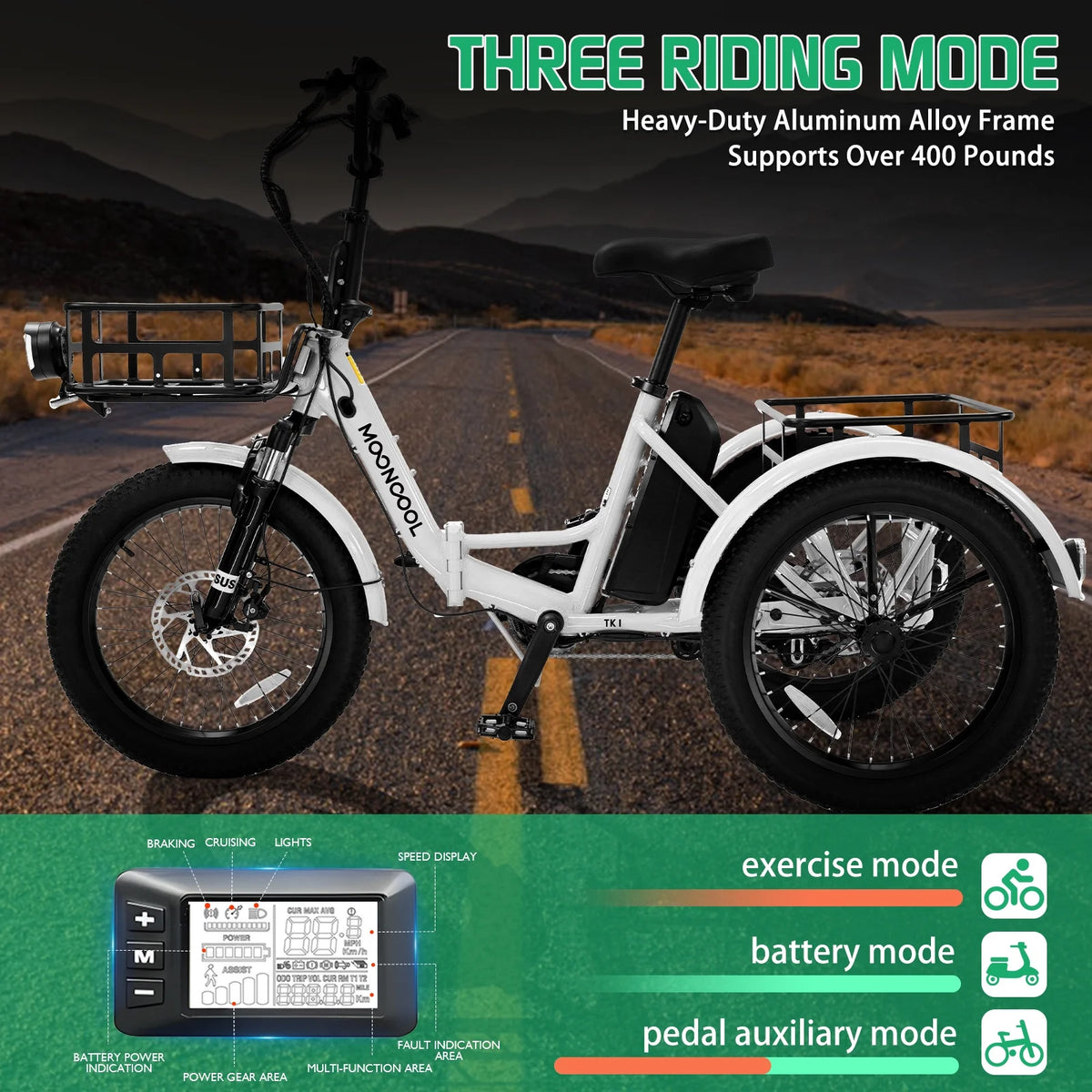 MOONCOOL TK1 Folding Electric Tricycle for Adults,48V 14.5Ah Removable battery, 500W（Peak 1000w）Motor, 20" Fat Tire Step-Thru 3Wheel Electric Bicycle w/Front&Rear Baskets, Certified to UL 2849 by SGS