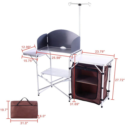 Folding Cooking Table Outdoor Portable Cook Station Aluminum Camping Kitchen with Storage Organizer,Silver