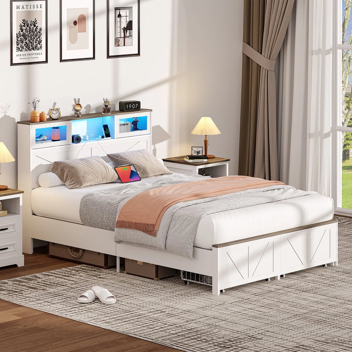 Full Size Bed Frame with Headboard, Full Bed Frame with Charging Station, LED Beds with 2 Storage Drawers,  Wood Farmhouse Bedframe, White