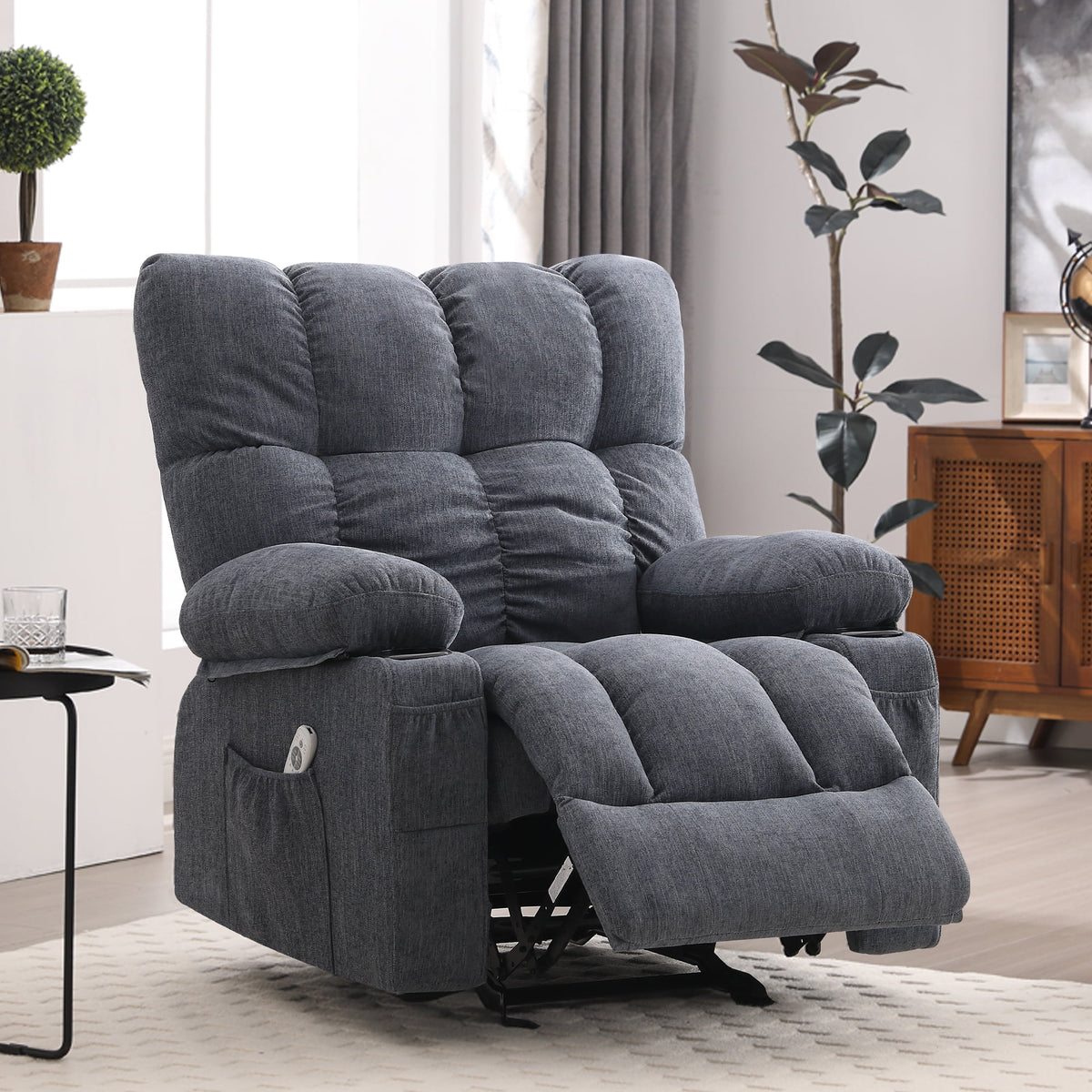 JONPONY Manual Recliner Chair with Heat Therapy and Massage Function, Heavy Duty Reclining Mechanism Massage Chair, Elderly Single Rocker Sofa with Cup Holders for Bedroom Home Theater,Grey