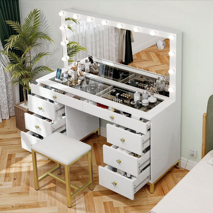 Uforic 55" Vanity Desk with Lighted Mirror & Power Outlet & 8 Drawers, Modern Makeup Vanity Table Set with Storage Stool, White