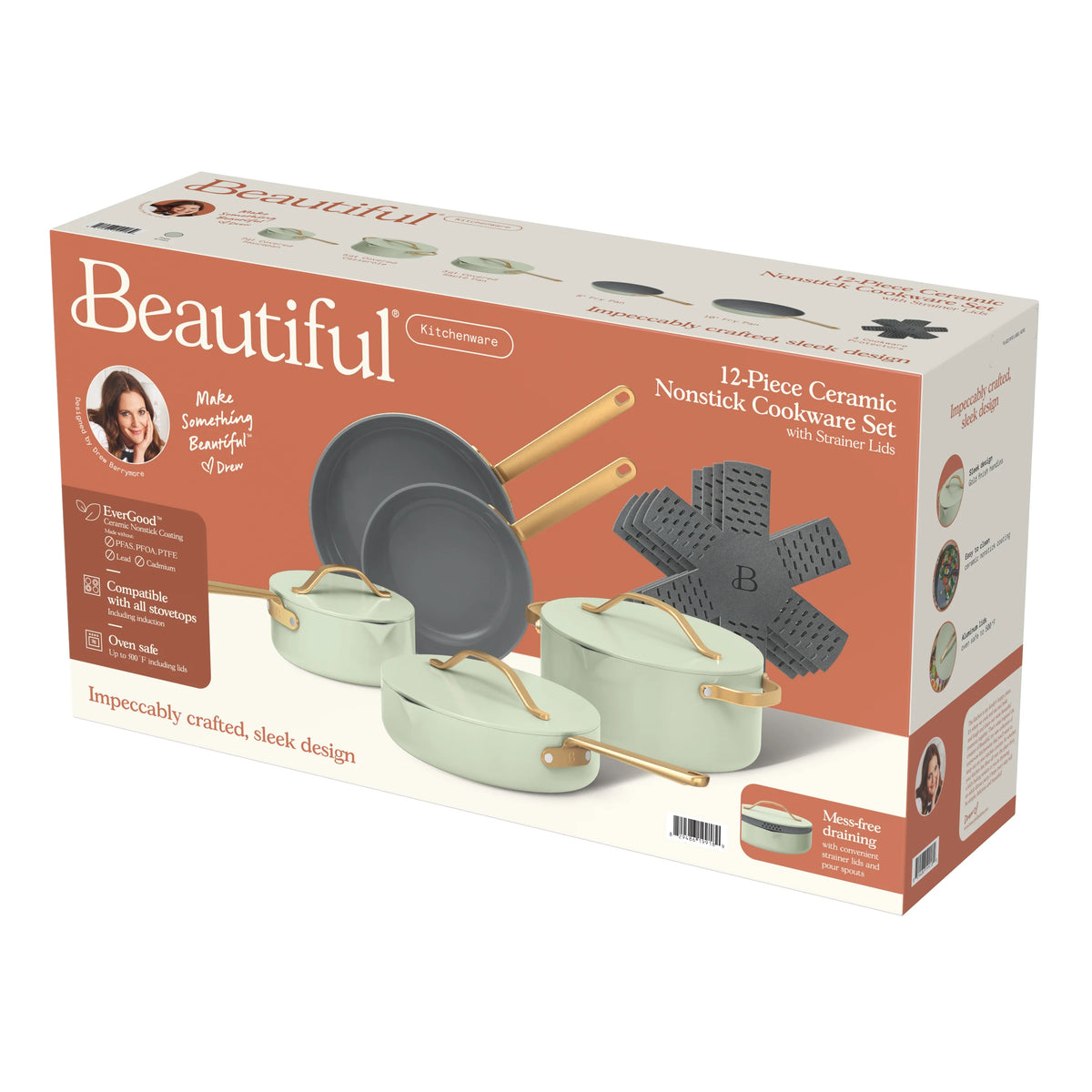 Beautiful 12pc Ceramic Non-Stick Cookware Set with Strainer Lids, White Icing by Drew Barrymore