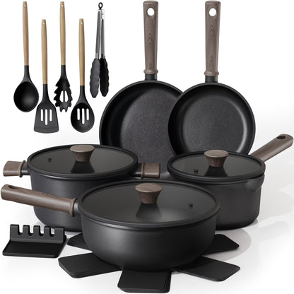 Astercook 18-Piece Pots and Pans Set, Nonstick Cookware Set with Elegant Wooden Handle, Oven Safe to 480F, Induction Compatible, Kitchen Cooking Set for RV Trips, Camping and Picnic, Black