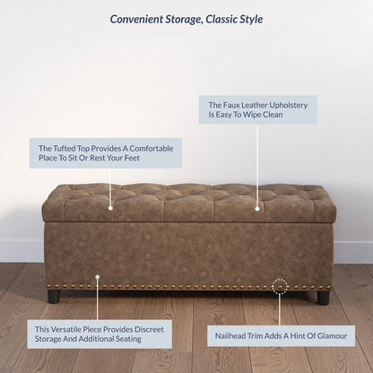 BELLEZE Button-Tufted Faux Leather Storage Ottoman Bench - Brentwood (Dark Brown)