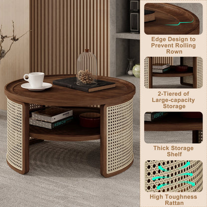 Harper & Bright Designs Rattan Round Coffee Table with Storage Shelf, Round Cane Wood Center Table for Living Room, 37'' Brown