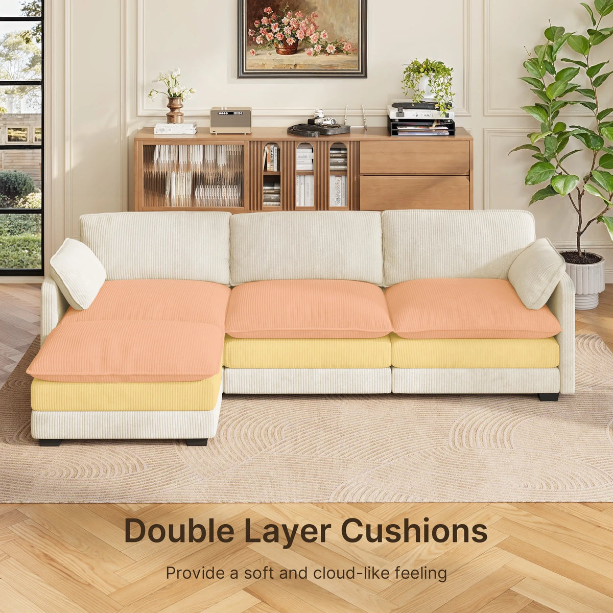 Lofka 110 Modular Sectional Sofa Bed with Double Layer Cushions and Movable Ottoman, Modern Comfy Cloud Couch for Living Room, DIY Combination, Green