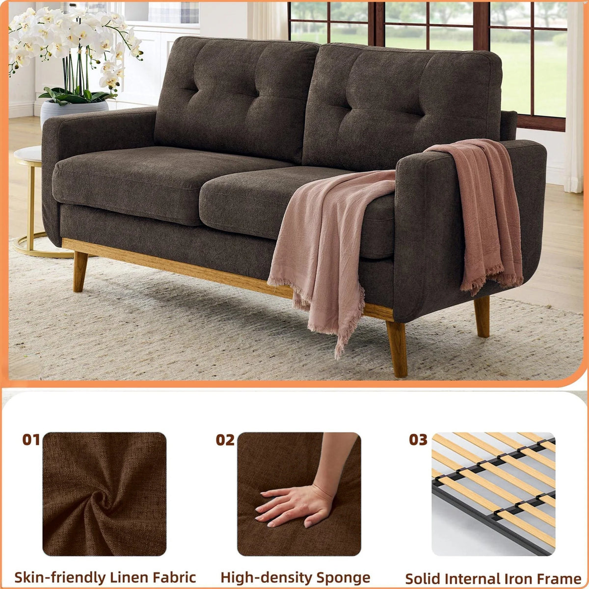 Aukfa 68" Small Sofa Couch Comfy Mid Century Modern Loveseat Sofa for Living Room Bedroom, Cream