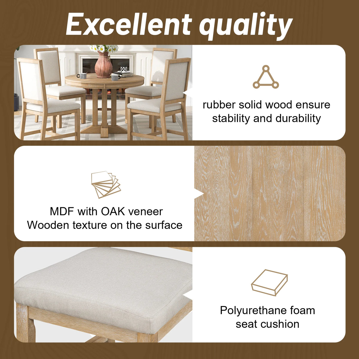 5 Piece Round Dining Table Set, Dining Room Set with Extendable Table and 4 Upholstered Chairs, Wood Dining Table Set for 4, Farmhouse Dining Table Set for Kitchen Dining Room Dorm Apartment, Brown