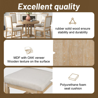 5 Piece Round Dining Table Set, Dining Room Set with Extendable Table and 4 Upholstered Chairs, Wood Dining Table Set for 4, Farmhouse Dining Table Set for Kitchen Dining Room Dorm Apartment, Brown
