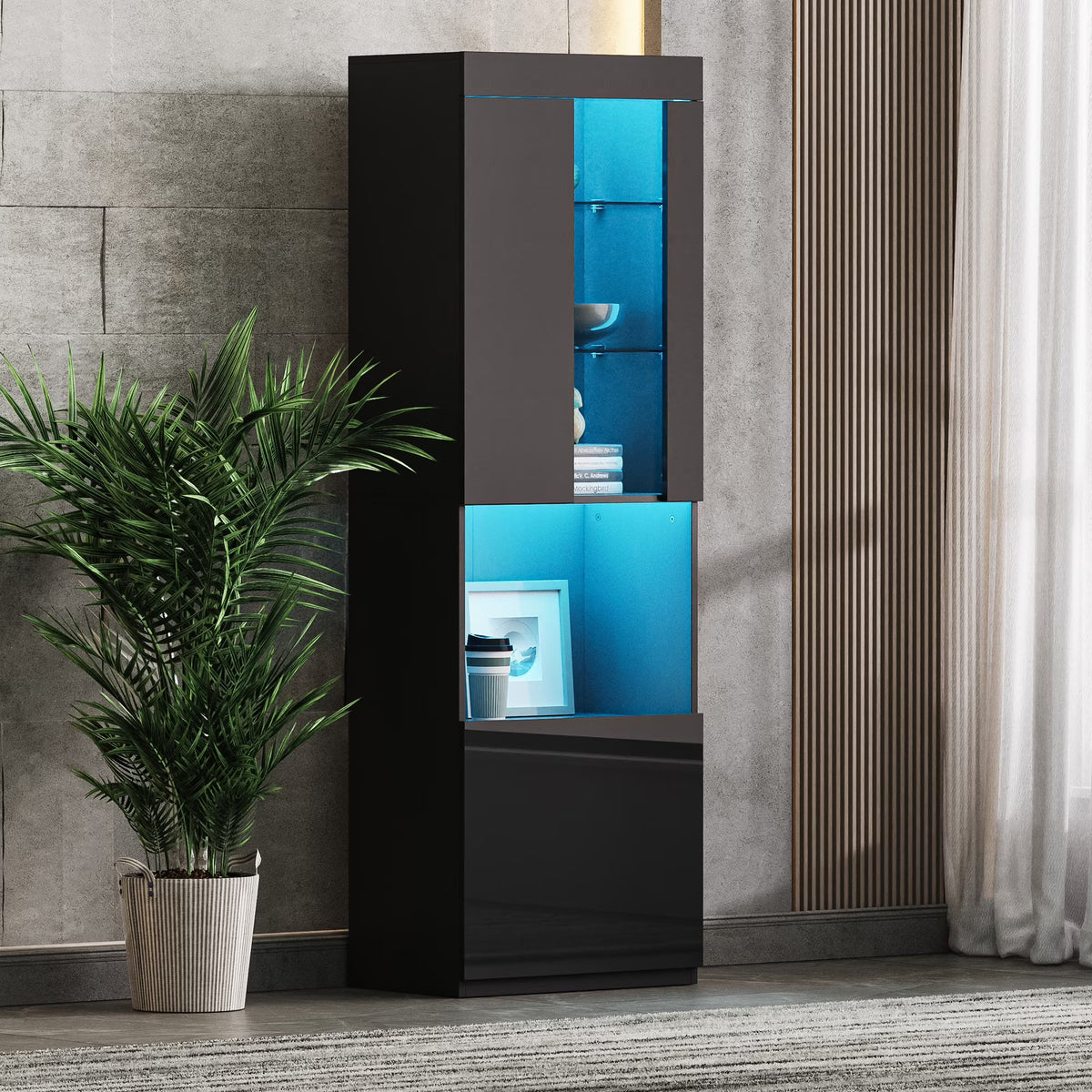 MAYEERTY High Gloss Pantry Cabinet with LED Lights: Modern Bookcase & Display Cabinet for Living Room, Black