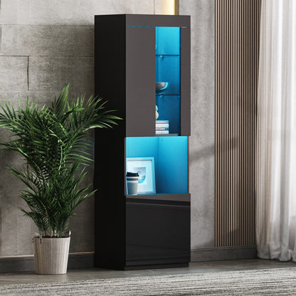 MAYEERTY High Gloss Pantry Cabinet with LED Lights: Modern Bookcase & Display Cabinet for Living Room, Black
