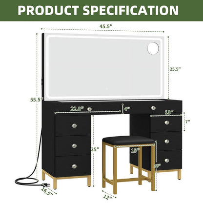 Uforic 55" Vanity Desk with Lighted Mirror & Power Outlet & 8 Drawers, Modern Makeup Vanity Table Set with Storage Stool, White