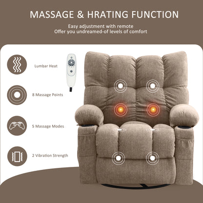 JONPONY Manual Recliner Chair with Heat Therapy and Massage Function, Heavy Duty Reclining Mechanism Massage Chair, Elderly Single Rocker Sofa with Cup Holders for Bedroom Home Theater,Grey