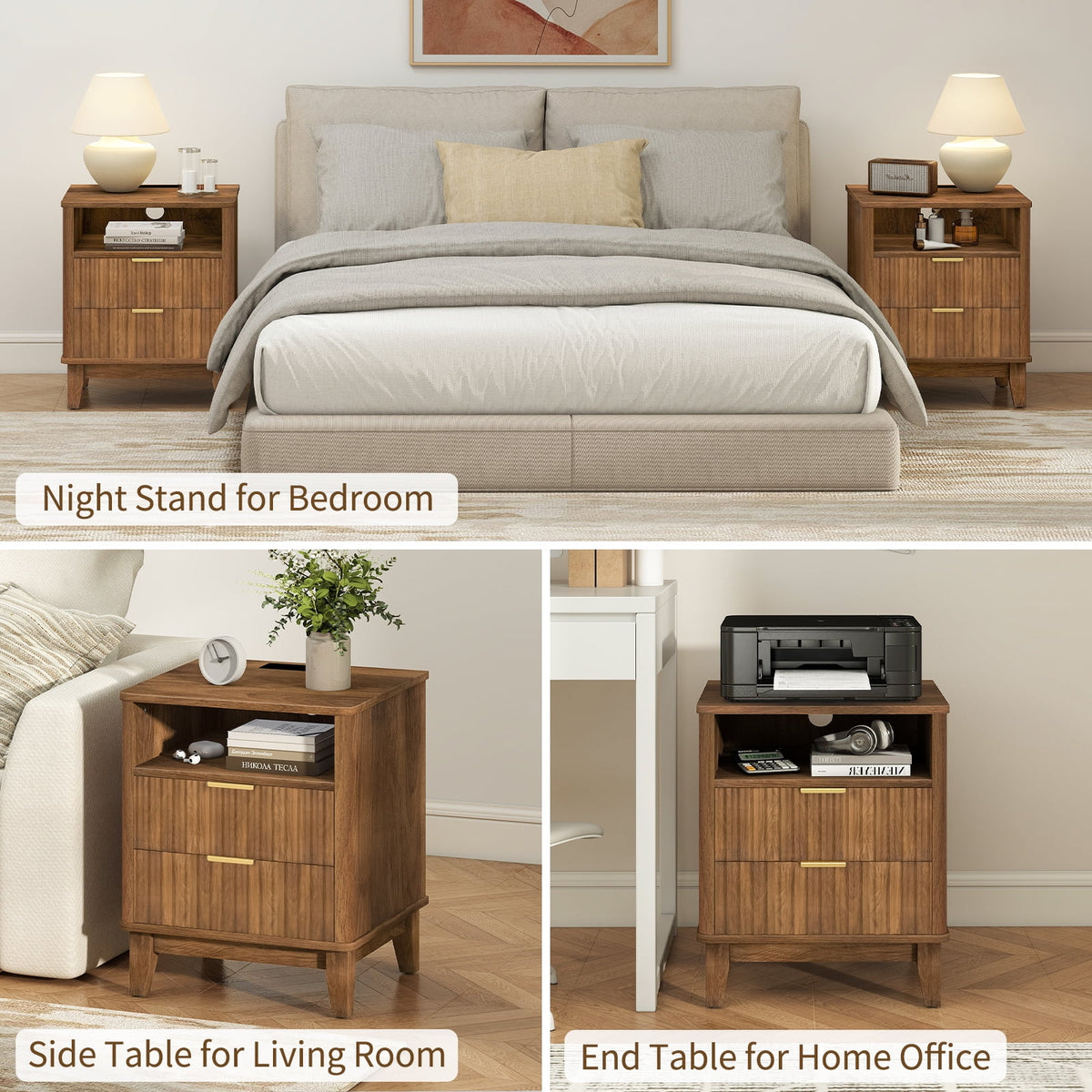 Night Stand with Charger Station, Fluted Nightstand with 2 Drawers and Storage Shelf, Mid Century Modern End Table for Bedroom Living Room,Natural