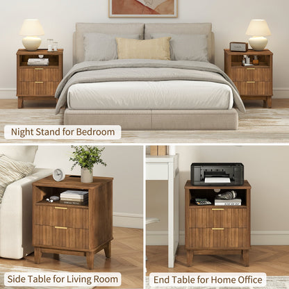 Night Stand with Charger Station, Fluted Nightstand with 2 Drawers and Storage Shelf, Mid Century Modern End Table for Bedroom Living Room,Natural