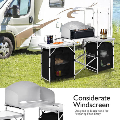Camping Kitchen Table with Storage, Aluminum Portable Outdoor Cooking Table with Windscreen, Foldable Camp Table Cook Station for BBQ, Grill, Party, Picnics