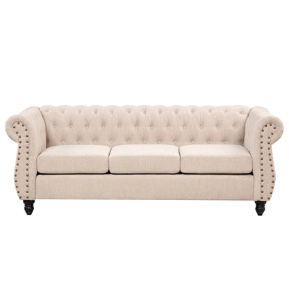 Classic 3 Seater Button Tufted Sofa, Upholstered Couch with Nailhead Rolled Arms Removable Cushions for Living Room Office Bedroom