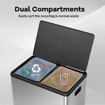 JoanKaren 16 Gallon Stainless Steel Dual Compartment Step Kitchen Trash Can with Lid & 2 Removable Wastebaskets,Kitchen Garbage Can & Recycling Bin,Black