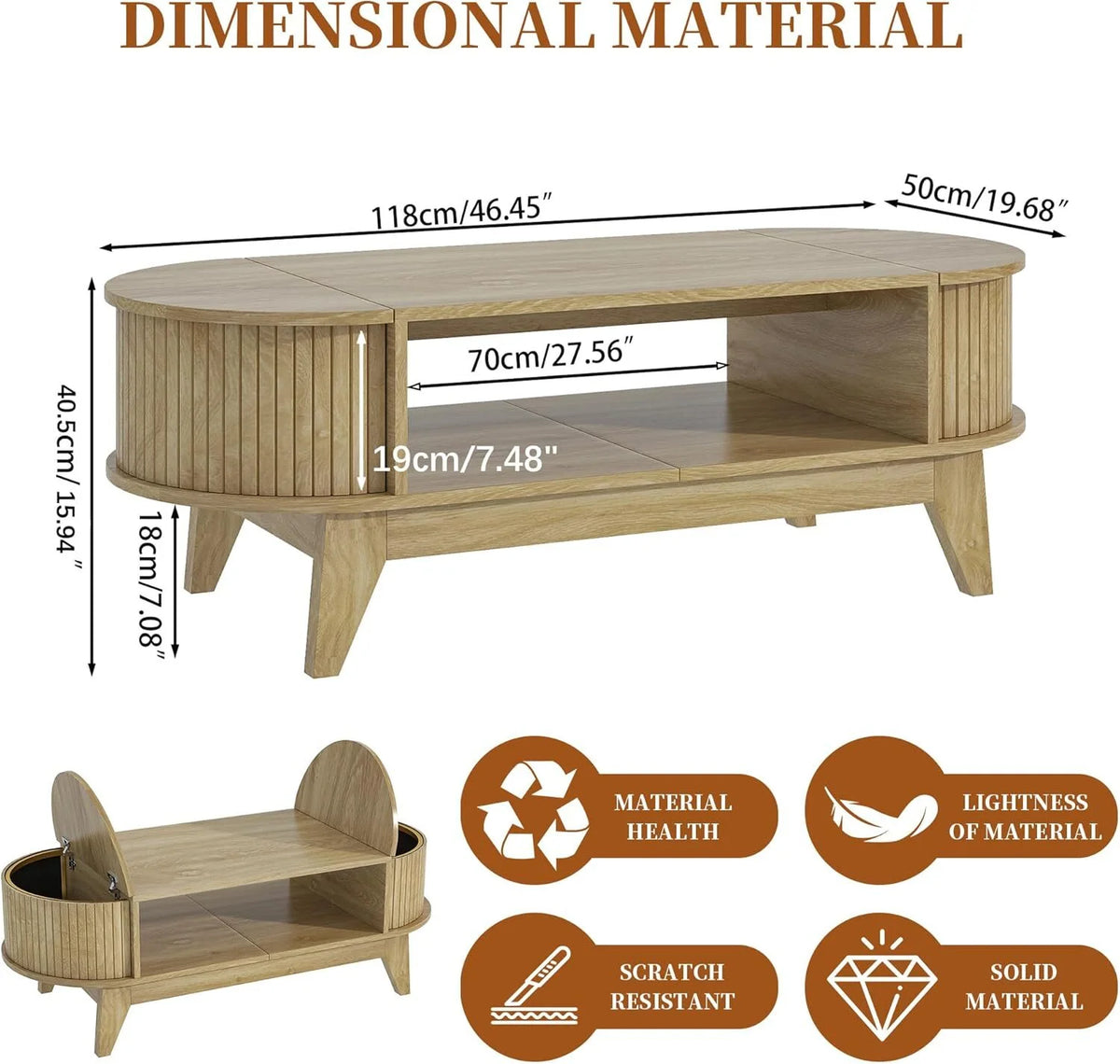 Fluted Coffee Table with Storage, Modern Coffee Tables, Wood Accent Center Table