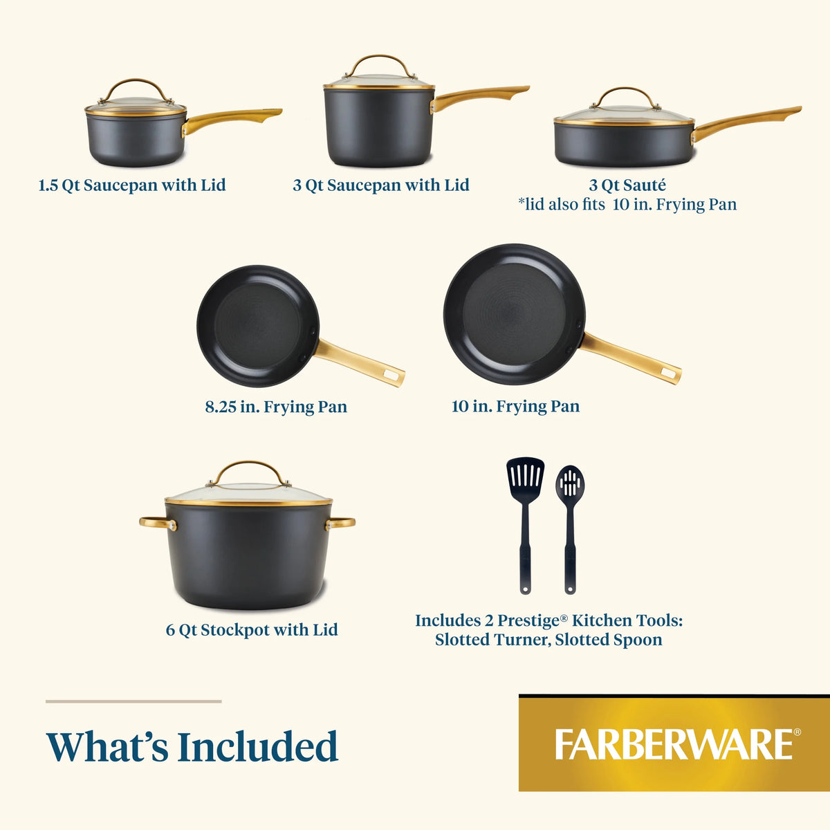 Farberware Forged Induction 12 Pcs Ceramic Nonstick Set with Cooking Tools, Dishwasher Safe and Oven Safe to 500F, Black