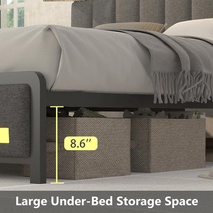 King Size Bed Frame and Bookcase Storage Headboard, LED Upholstered Bed Frame King with Charging Station, Light up King Size Platform Metal Bed Frame, No Box Spring Needed, Charcoal Gray