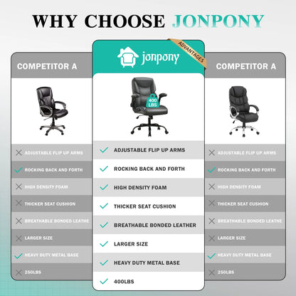 JONPONY Big and Tall Office Chair Wide Seat Ergonomic Computer Desk Chair High Back Executive Leather Chair Adjustable Task Chair Lumbar Back Support 8 Hours Heavy Duty Design,Black
