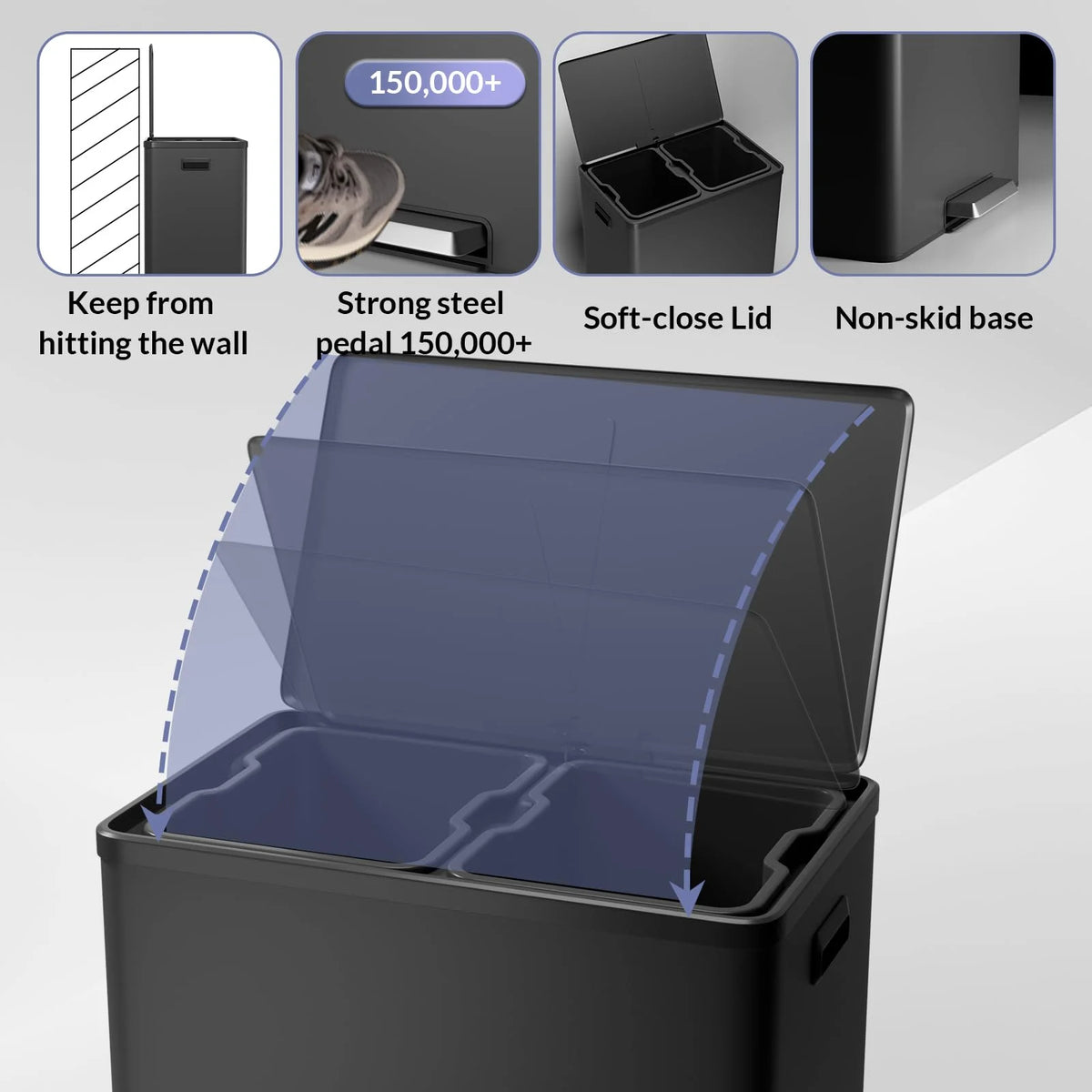 JoanKaren 16 Gallon Stainless Steel Dual Compartment Step Kitchen Trash Can with Lid & 2 Removable Wastebaskets,Kitchen Garbage Can & Recycling Bin,Black