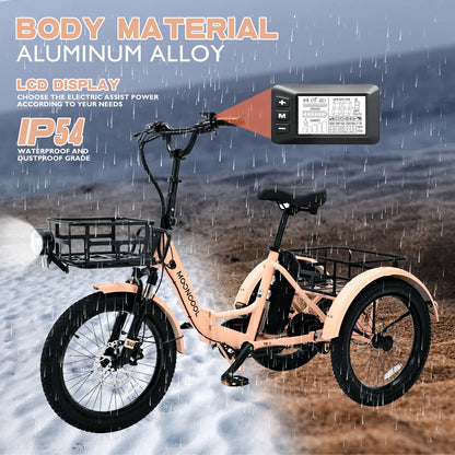 MOONCOOL TK1 Folding Electric Tricycle for Adults,48V 14.5Ah Removable battery, 500W（Peak 1000w）Motor, 20" Fat Tire Step-Thru 3Wheel Electric Bicycle w/Front&Rear Baskets, Certified to UL 2849 by SGS