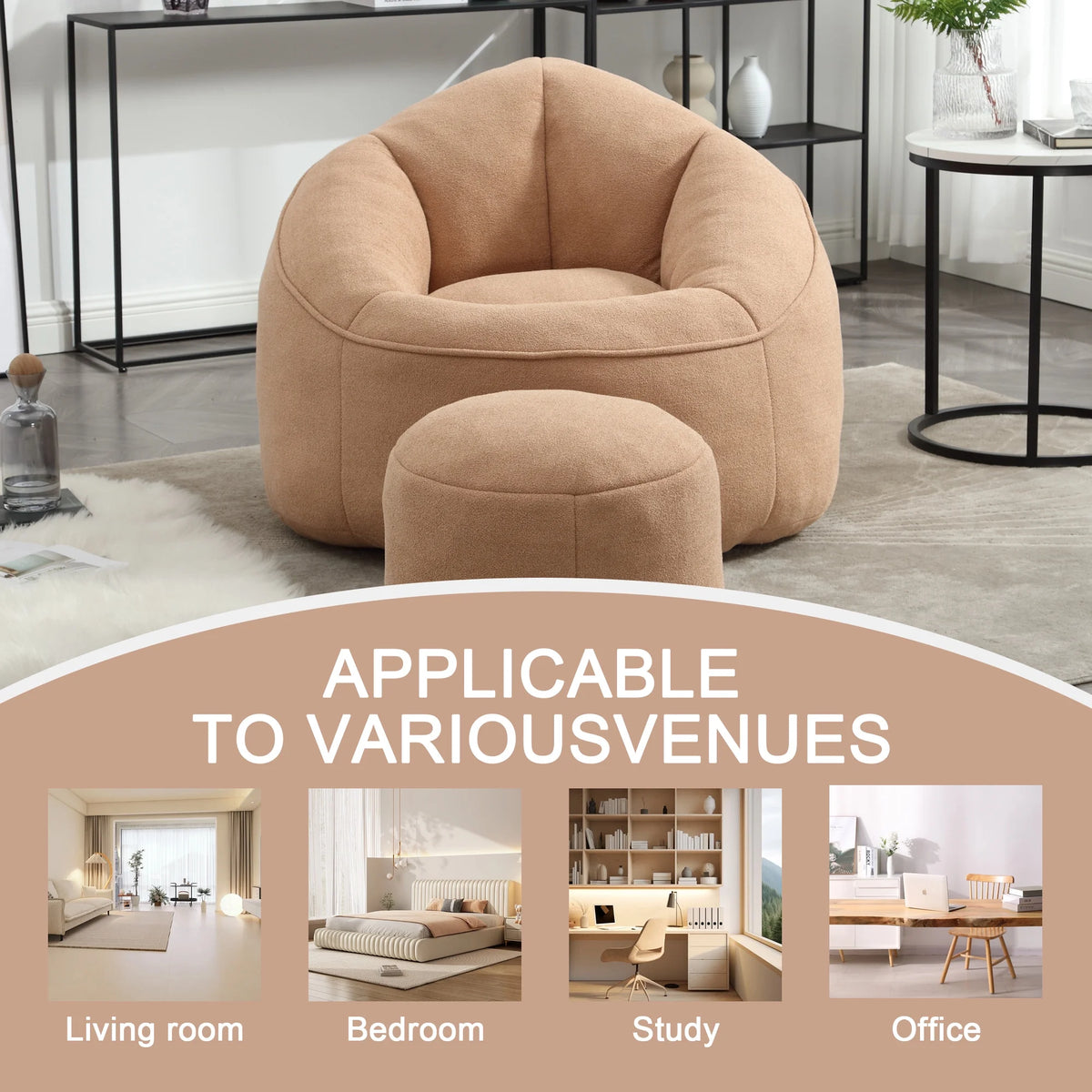 MOONMISS Microfiber Upholstered High Pressure Foam Round Lazy Bean Bag Sofa Chair with Ottoman-Gray