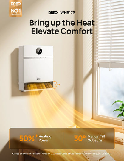 Dreo Smart Wall Heater, IP24 Electric PTC Space for Indoor Use, 30 Oscillation, Adjustable Thermostat, Remote Control, Works With Alexa, 24H Timer, Easy-Mounted for Bedroom, Office