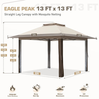 EAGLE PEAK 13' x 13' Pop-Up Gazebo Tent Instant w/Mosquito Netting，Outdoor Gazebo Canopy Easy Set-up Folding Shelter (Beige/Brown)