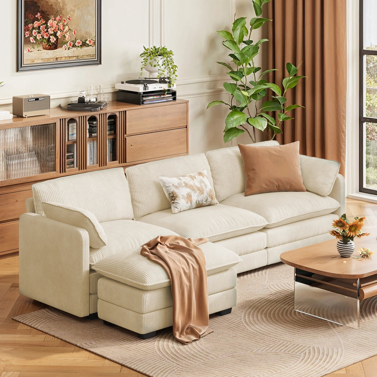 Lofka 110 Modular Sectional Sofa Bed with Double Layer Cushions and Movable Ottoman, Modern Comfy Cloud Couch for Living Room, DIY Combination, Green