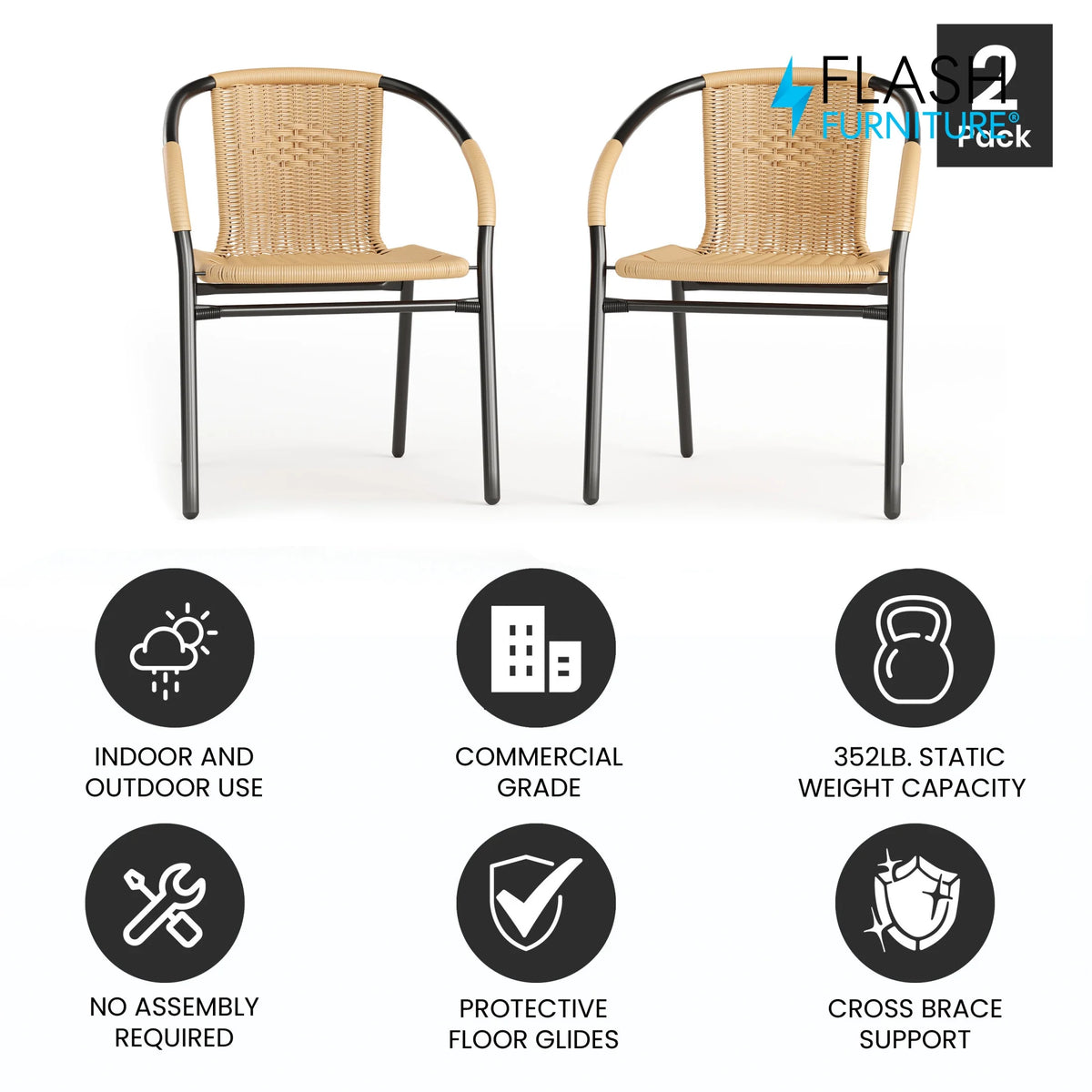 Flash Furniture Lila Indoor/Outdoor Stacking Rattan Patio Chairs, Set of 2, Beige