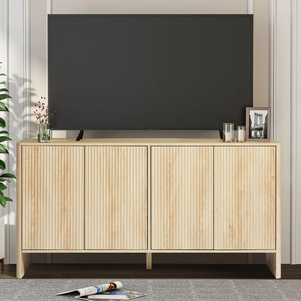 Wirrytor Sideboard Storage Cabinet with Doors and Shelves, Buffet Cabinet with Storage, Credenza Storage Cabinet for Kitchen, Wooden Fluted Cabinet, Under TV Cabinet with Storage - Black