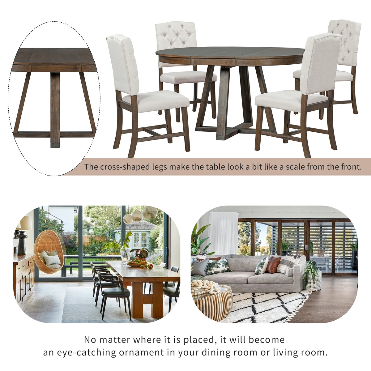 5 Piece Round Dining Table Set, Dining Room Set with Extendable Table and 4 Upholstered Chairs, Wood Dining Table Set for 4, Farmhouse Dining Table Set for Kitchen Dining Room Dorm Apartment, Brown