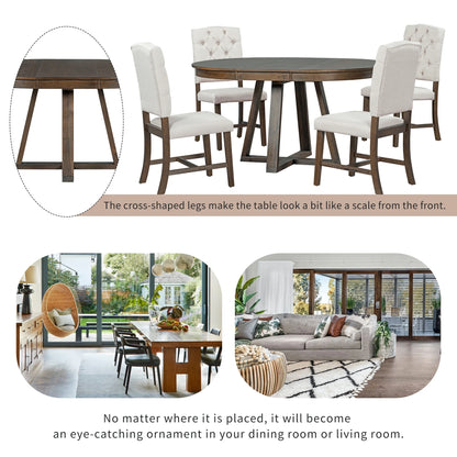 5 Piece Round Dining Table Set, Dining Room Set with Extendable Table and 4 Upholstered Chairs, Wood Dining Table Set for 4, Farmhouse Dining Table Set for Kitchen Dining Room Dorm Apartment, Brown