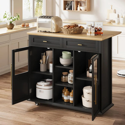 WALYWIK Foldable Kitchen Island Cart with Wheels, 2 Glass Doors, Spice Rack & Towel Holder Compact Mobile Storage Cart for Small Kitchens, Dining Rooms, Camping & RVs - Grey