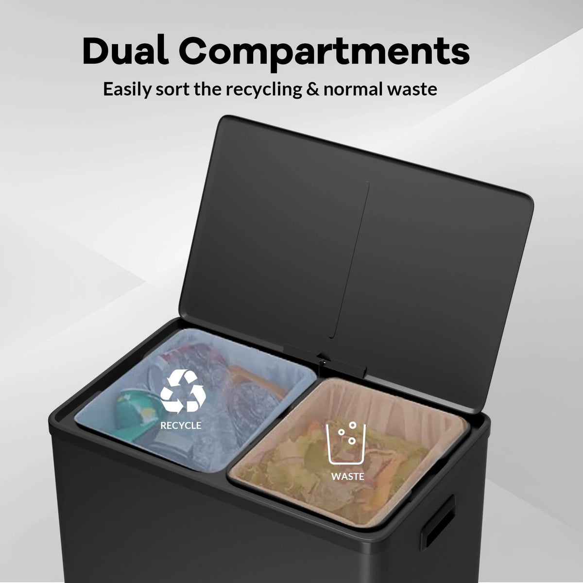 JoanKaren 16 Gallon Stainless Steel Dual Compartment Step Kitchen Trash Can with Lid & 2 Removable Wastebaskets,Kitchen Garbage Can & Recycling Bin,Black