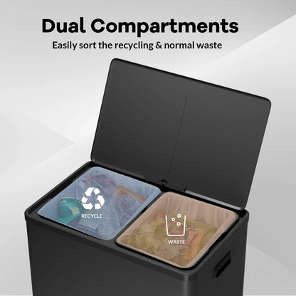 JoanKaren 16 Gallon Stainless Steel Dual Compartment Step Kitchen Trash Can with Lid & 2 Removable Wastebaskets,Kitchen Garbage Can & Recycling Bin,Black