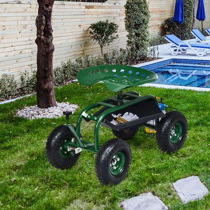 Costway Garden Cart Rolling Work Seat w/ Tool Tray Basket Green