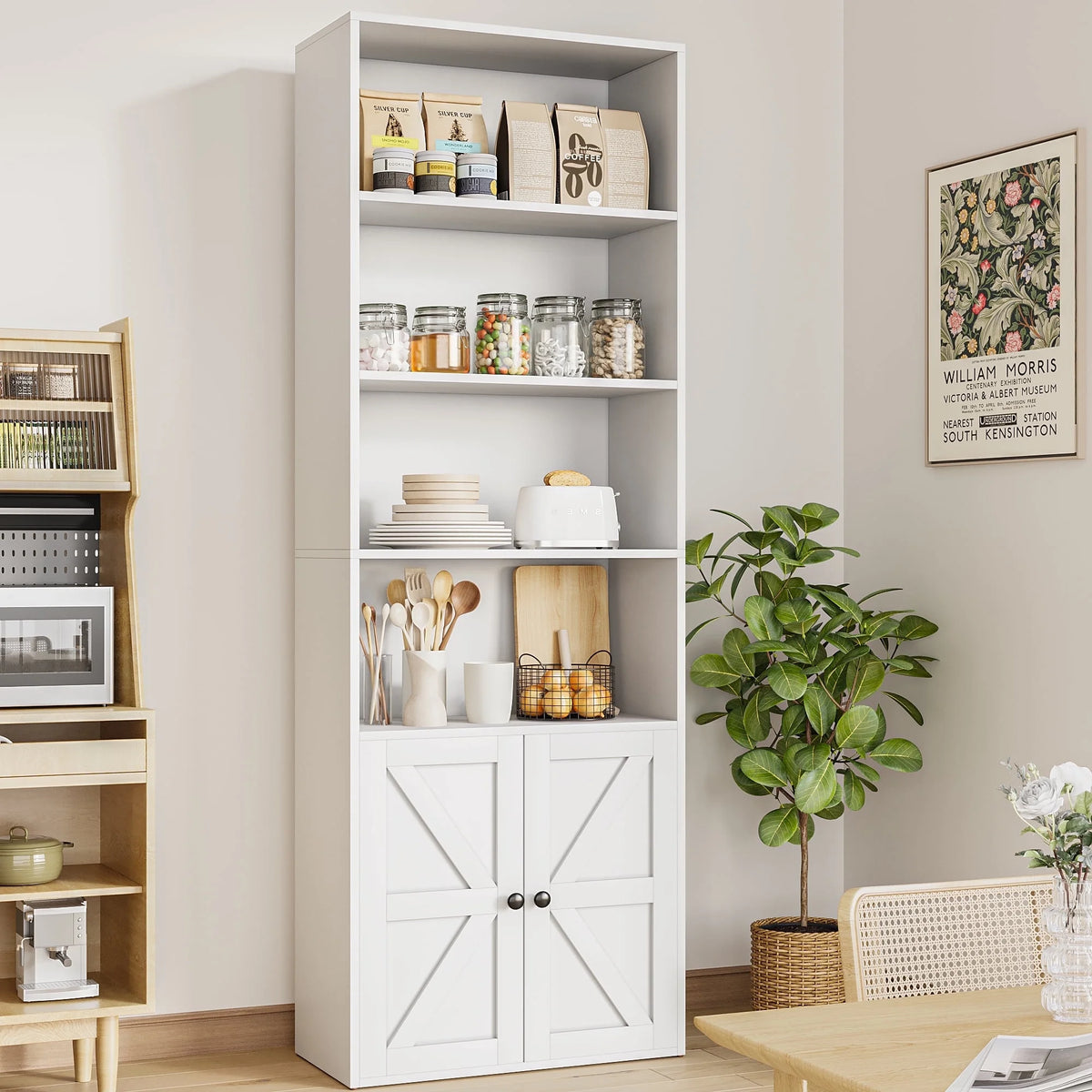 Furmax 1 Piece 4-Shelf Farmhouse Bookcases 4-Tier Bookshelf with Adjustable Shelves&Doors,Storage Cabinet for Home Living room,Kitchen,Office,White