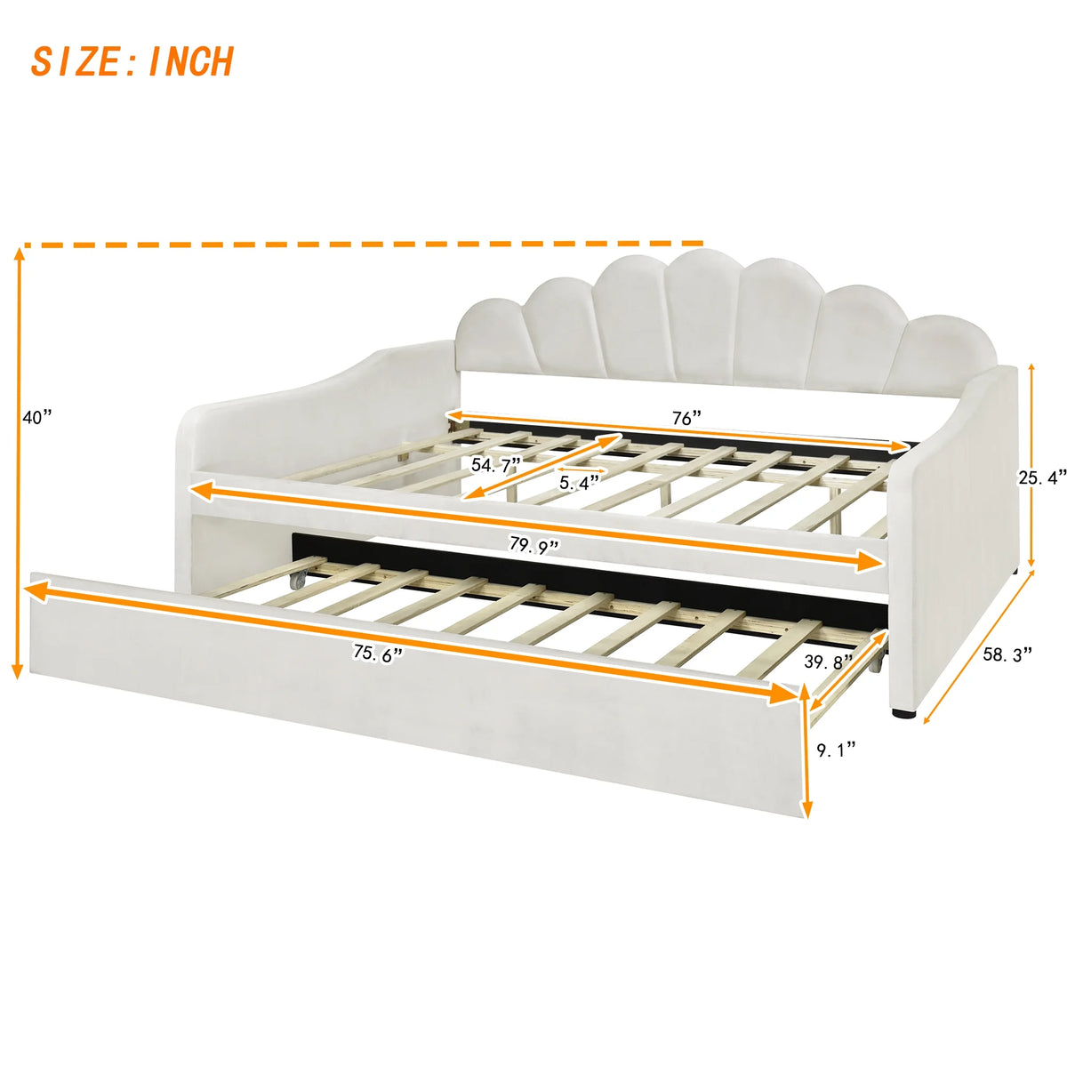 EUROCO Upholstery Full Size Platform Bed, Upholstered Daybed with Headboard and Trundle, Beige