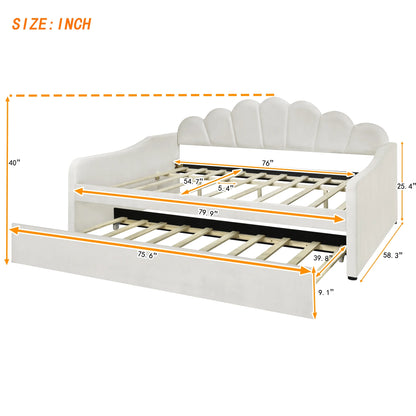 EUROCO Upholstery Full Size Platform Bed, Upholstered Daybed with Headboard and Trundle, Beige