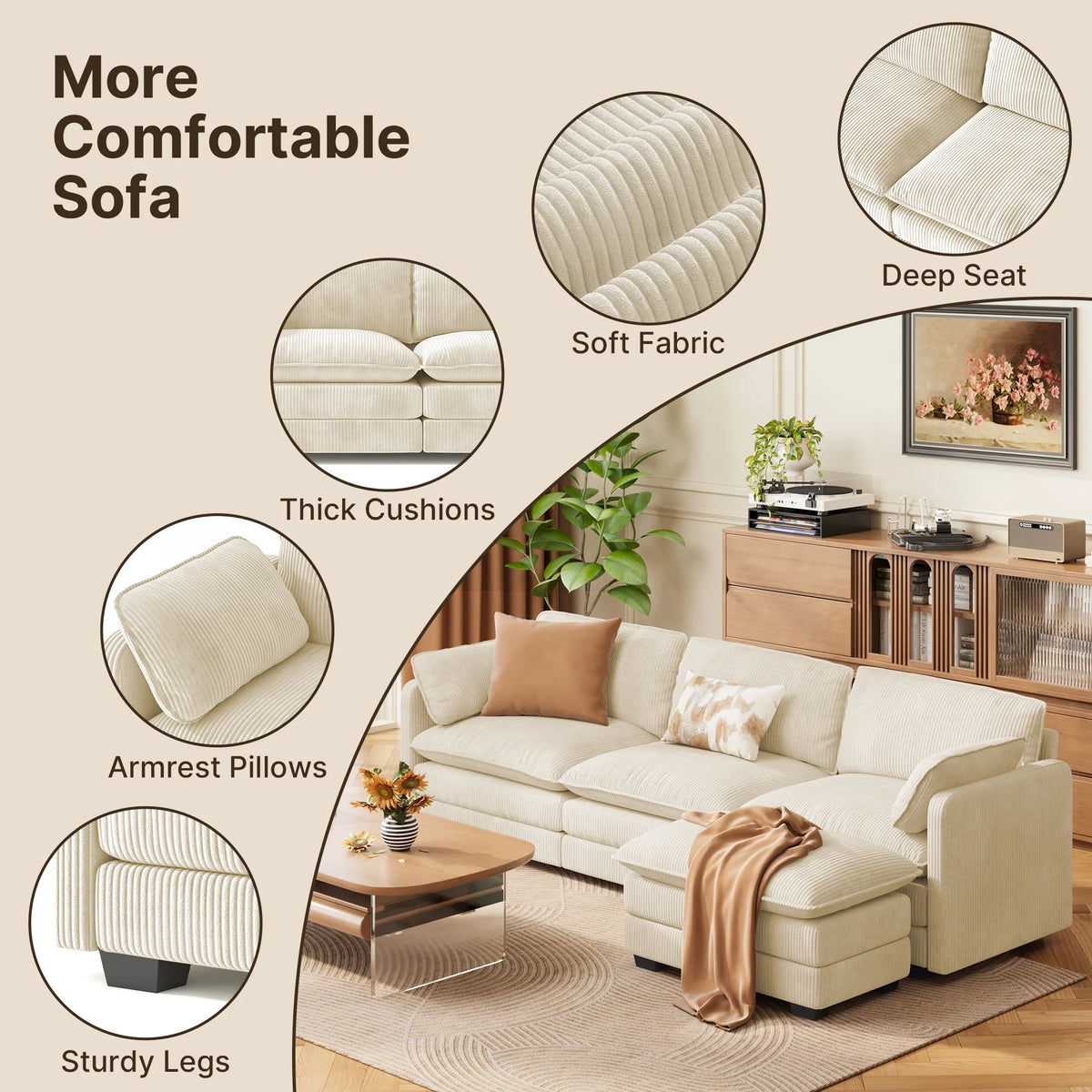 Lofka 110 Modular Sectional Sofa Bed with Double Layer Cushions and Movable Ottoman, Modern Comfy Cloud Couch for Living Room, DIY Combination, Green