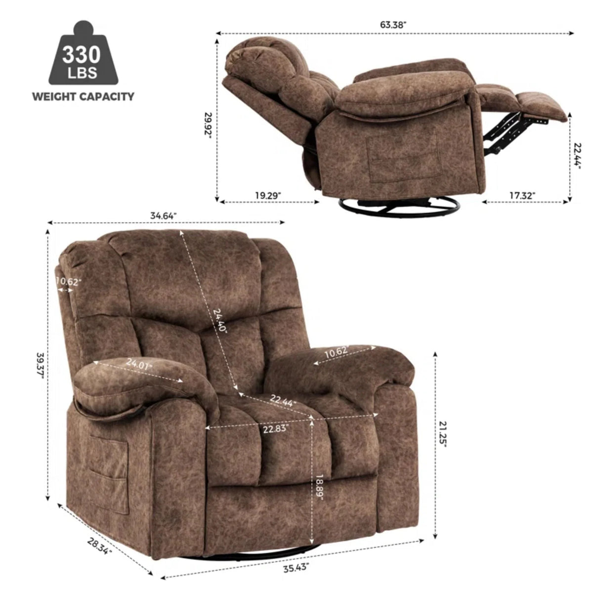 Colerline 35.43" Wide Modern Velvet Upholstered Heating & Massage Swivel Reclining Rocker Chair with Hidden Cupholders for Living Room and Bedroom, Brown