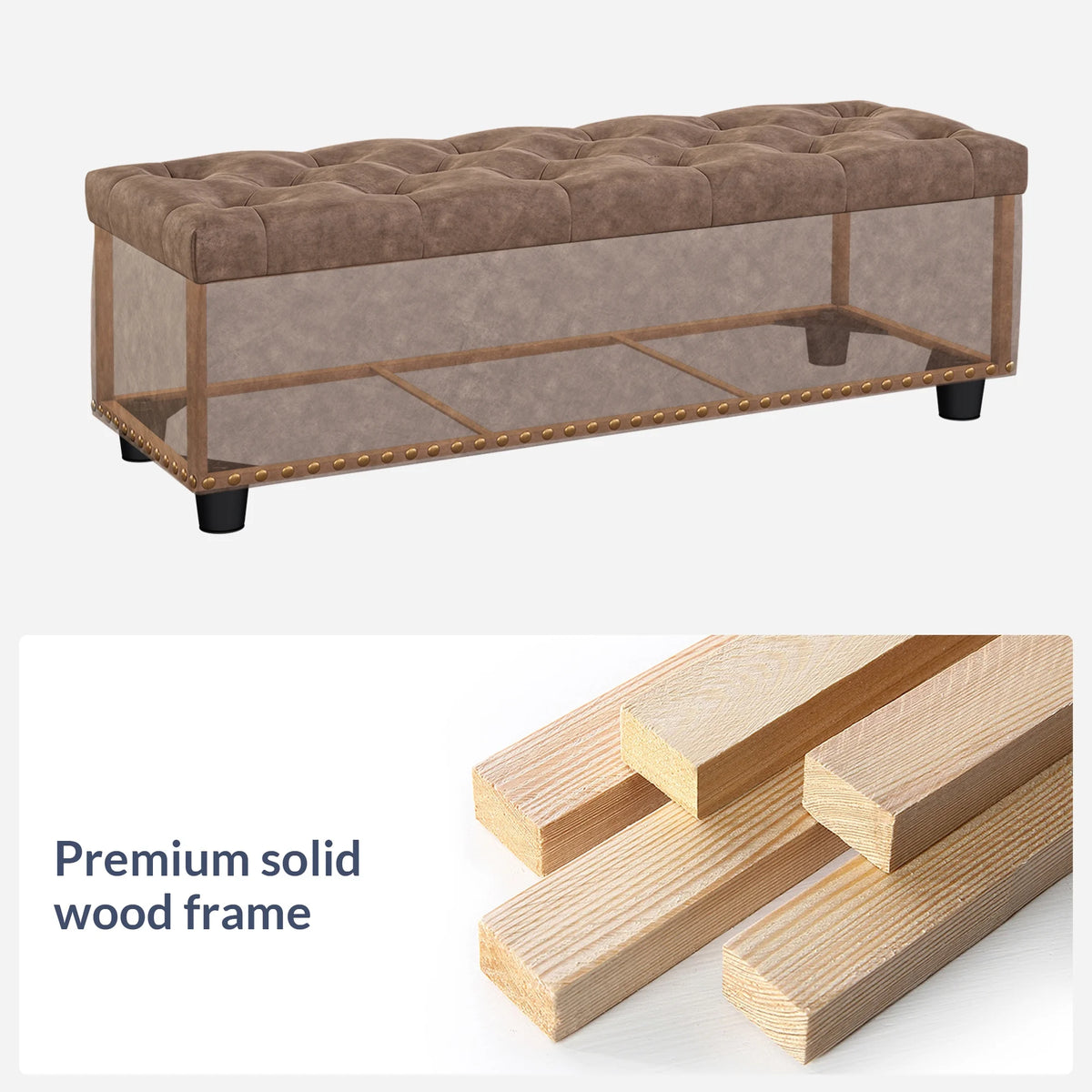 BELLEZE Button-Tufted Faux Leather Storage Ottoman Bench - Brentwood (Dark Brown)