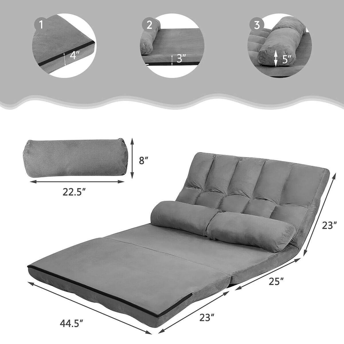 Costway Foldable Floor Sofa Bed 6-Position Adjustable Lounge Couch with 2 Pillows Grey
