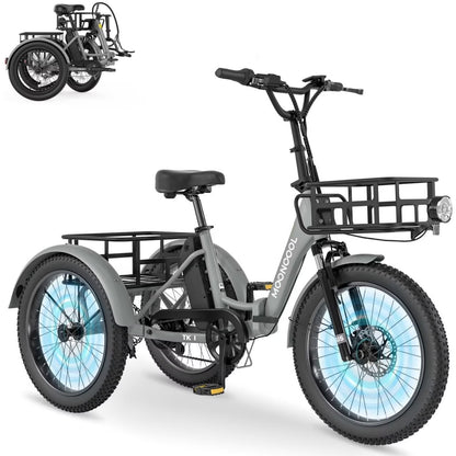MOONCOOL TK1 Folding Electric Tricycle for Adults,48V 14.5Ah Removable battery, 500W（Peak 1000w）Motor, 20" Fat Tire Step-Thru 3Wheel Electric Bicycle w/Front&Rear Baskets, Certified to UL 2849 by SGS