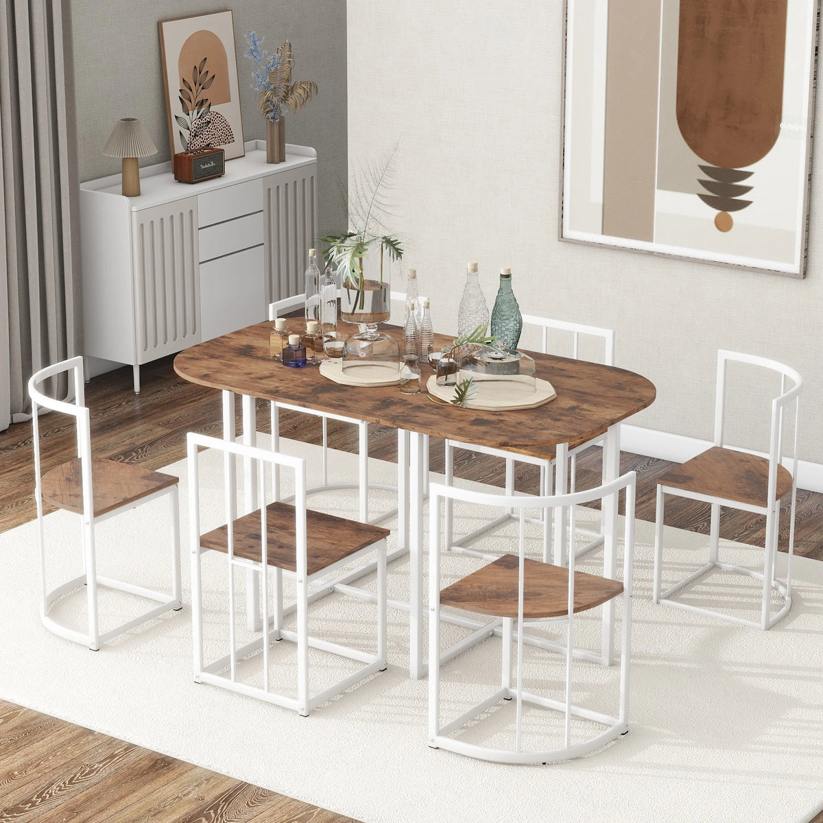 7-Piece Dining Table Set with 6Stools - Industrial Compact Kitchen Table & Chairs Sets, Space-Saving Design for Apartment, Small Space, Breakfast Nook